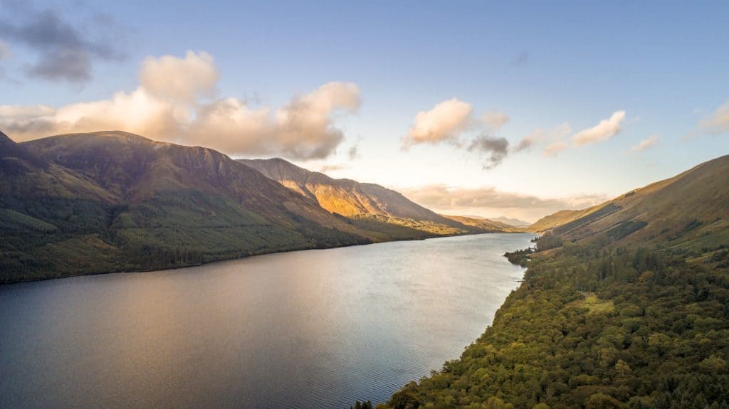 Aerial shot of Loch Ness lake in Scotland captured by a drone